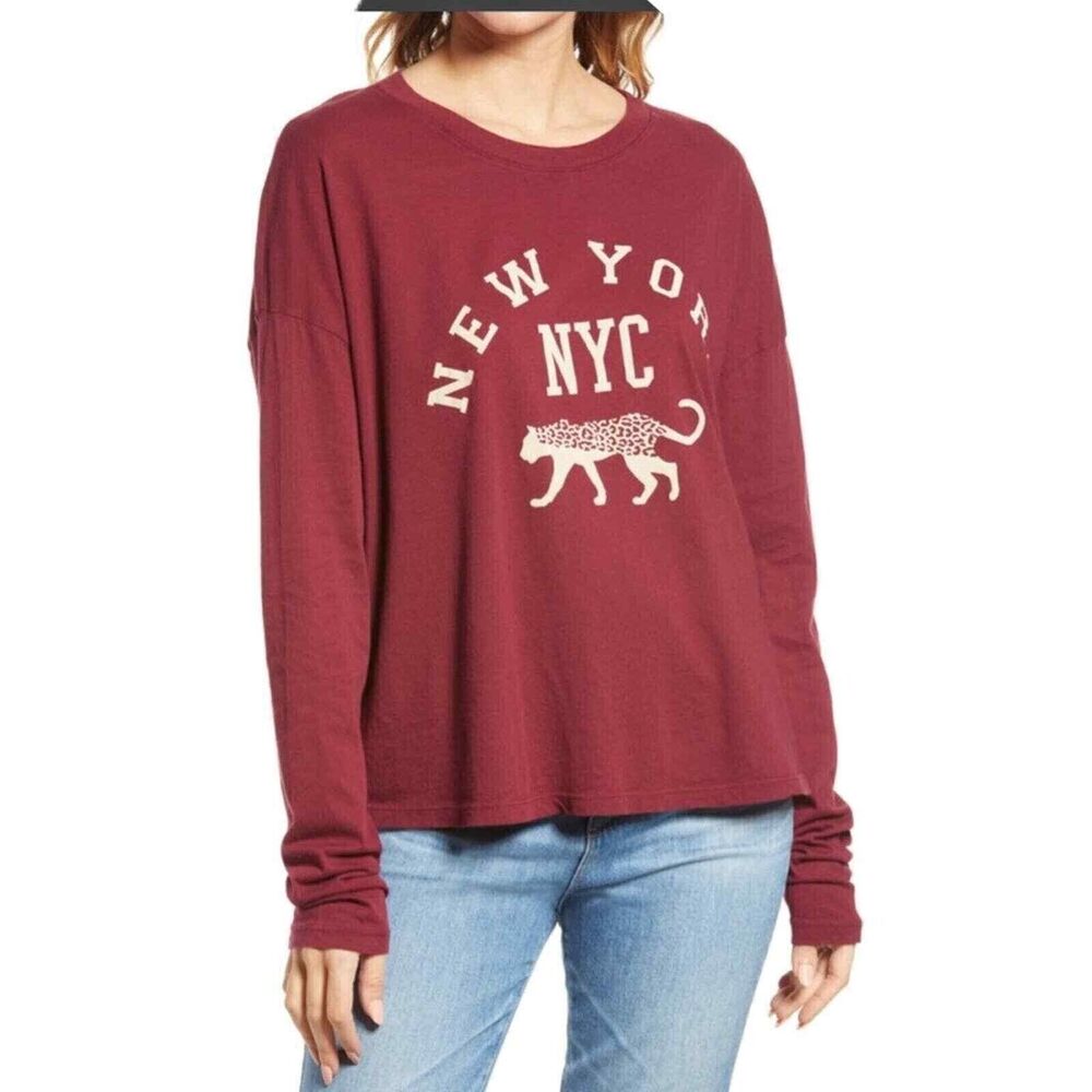 Treasure & Bond Women's Long Sleeve Graphic Tee In Burgundy NYC 2XS MSRP $35